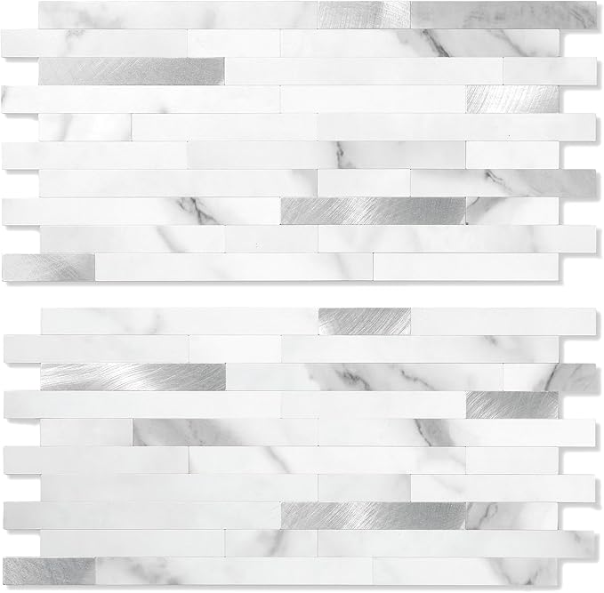 Yipscazo 20 Sheets Peel and Stick Stone Metal Backsplash Tiles, PVC Wall Tiles Stick on Backsplash for Kitchen, Bathroom (6'' X 12'', Smooth Marble White)