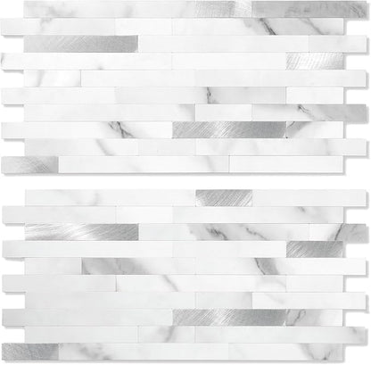 Yipscazo 20 Sheets Peel and Stick Stone Metal Backsplash Tiles, PVC Wall Tiles Stick on Backsplash for Kitchen, Bathroom (6'' X 12'', Smooth Marble White)