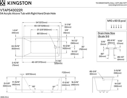 Kingston Brass VTAP543022R Aqua Eden Alcove Tub, White