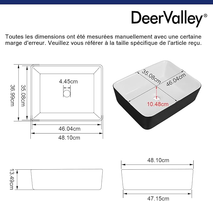 DeerValley DV-1V0001 Bathroom Vessel Sink 19" x 15" Above Counter Sink Rectangle Ceramic Bathroom Sink, Black and White Sinks