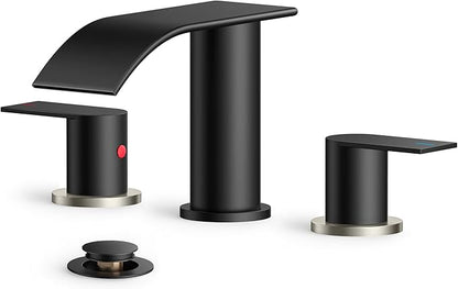FORIOUS Bathroom Faucets, Waterfall Bathroom Sink Faucet with Metal Pop up Drain and cUPC Hose for Basin, Vanity, RV, Pedestal 2 or 3 Hole Sink, 8 Inch, Black and Brushed Nickel