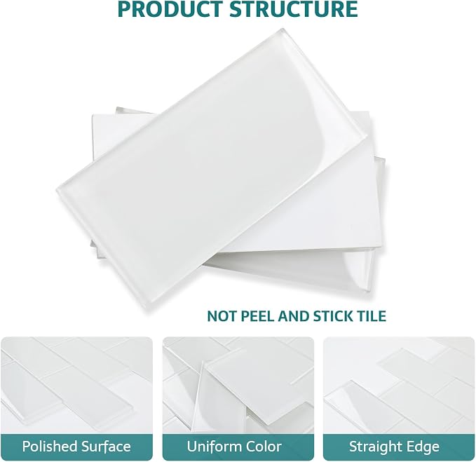 Glass Subway Tile, 3x6 Inch Glass Tile for Kitchen Backsplash Bathroom Shower Wall White (32 Pcs, 4 sq.ft)
