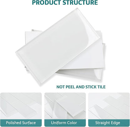 Glass Subway Tile, 3x6 Inch Glass Tile for Kitchen Backsplash Bathroom Shower Wall White (32 Pcs, 4 sq.ft)