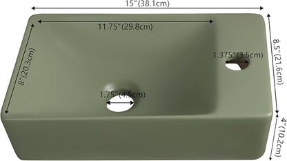 JONATHAN Y SNK1004F-R Felix 15 in. W x 8 in. D Modern Wall Mounted Rectangular Ceramic Mini Sink Basin, Right-Side Faucet, Matte Olive