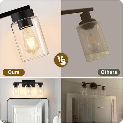Bathroom Lights Over Mirror, 3 Light Bathroom Light Fixtures with Clear Glass Shade Modern Matte Black Vanity Lights Lighting for Bathroom, Mirror, Living Room, Bedroom, Hallway