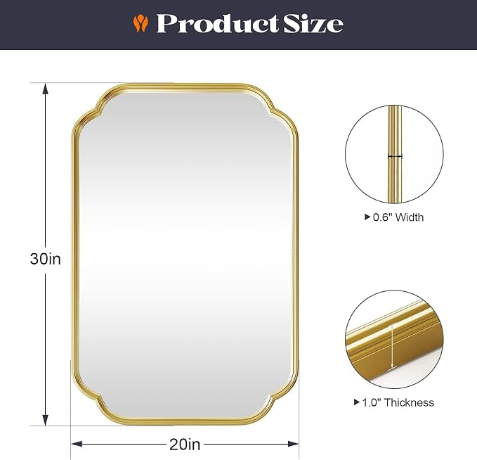 Gold Bathroom Scalloped Mirror, 20” x 30”Rounded Corner Rectangle Wall Mirrors with Metal Frame, Modern Vanity Mirror for Over Sink, Living Room, Bedroom, Horizontal or Vertical