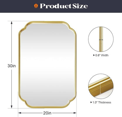 Gold Bathroom Scalloped Mirror, 20” x 30”Rounded Corner Rectangle Wall Mirrors with Metal Frame, Modern Vanity Mirror for Over Sink, Living Room, Bedroom, Horizontal or Vertical