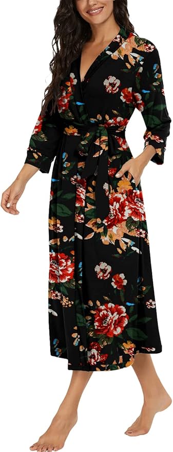 VINTATRE Women Kimono Robes Long Knit Bathrobe Lightweight Soft Knit Sleepwear V-neck Casual Ladies Loungewear