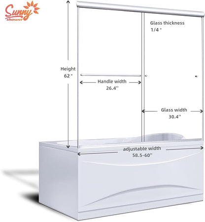 SUNNY SHOWER Bathtub Shower Door 60" W x 62" H Semi-Frameless Double Sliding Design Glass Shower Tub Door, Brushed Nickel Finish