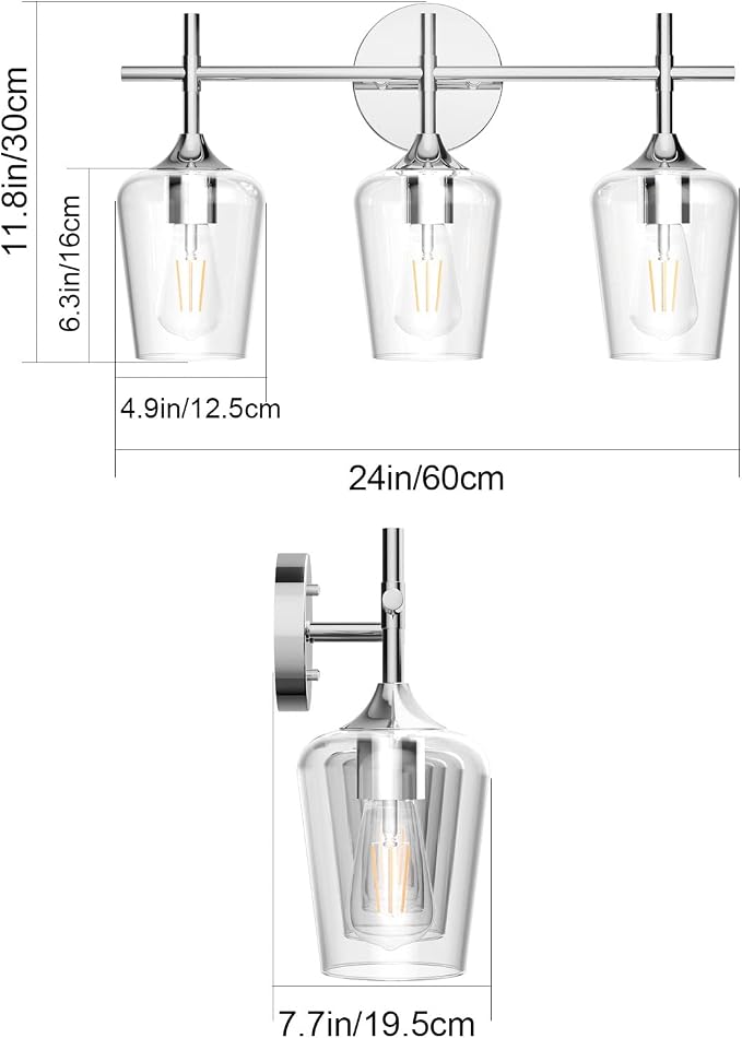 Ralbay Vintage 3 Light Vanity Light Fixture Industrial Chrome Bathroom Light Fixtures Over Mirror Clear Glass Chrome Vanity Light for Bathroom Wall Lighting Fixtures Over Mirror