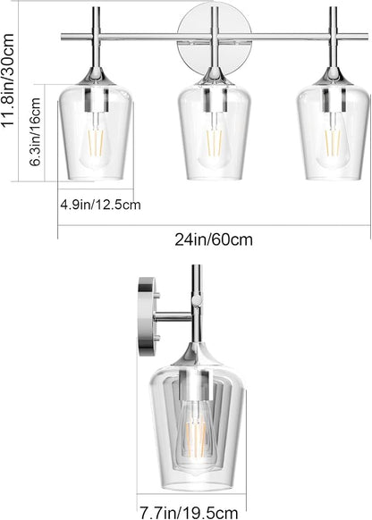 Ralbay Vintage 3 Light Vanity Light Fixture Industrial Chrome Bathroom Light Fixtures Over Mirror Clear Glass Chrome Vanity Light for Bathroom Wall Lighting Fixtures Over Mirror