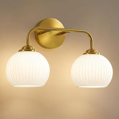 RUIYEY Bathroom Vanity Light Fixtures: 2-Lights Gold Bathroom Lighting Fixtures Over Mirror, 15.9" Mid-Century Modern Wall Sconces with Ribbed Lantern Frosted Glass Shade for Kitchen Bedroom Restroom