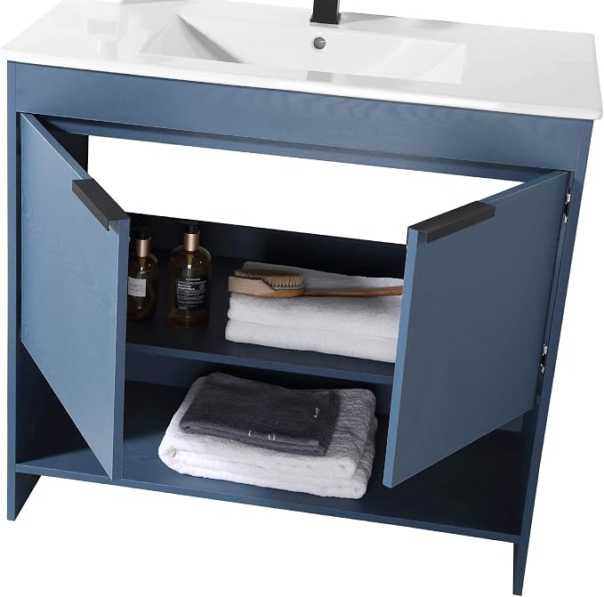 Phoenix 36 Inch Bathroom Vanity with Sink – Modern Design, Soft-Close Doors, Storage Drawers, Durable Build – Navy Blue Vanity for Small Bathrooms (Full Assembly Required)
