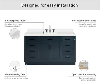 ARIEL Hepburn 60-inch Bathroom Vanity with Sink,Solid Wood, 1.5-inch Pure White Quartz Countertop, Single Rectangular Porcelain Sink, 2 Soft Closing Doors, 9 Dovetail Drawers, Midnight Blue