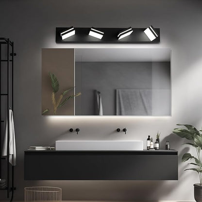 OKELI 4-Light Bathroom Vanity Light Black Modern LED Vanity Light Over Mirror Dimmable Mirror Front Lamp with 350° Adjustable Lamp Head ETL Listed 32W 6000K Cold White