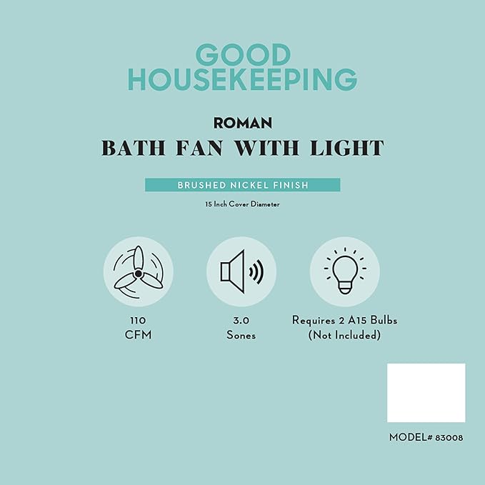 Good Housekeeping 83008 Roman Decorative 110 CFM 3.0 Sones Bathroom Ventilation Exhaust Fan with Light & Night-Light, Brushed Nickel