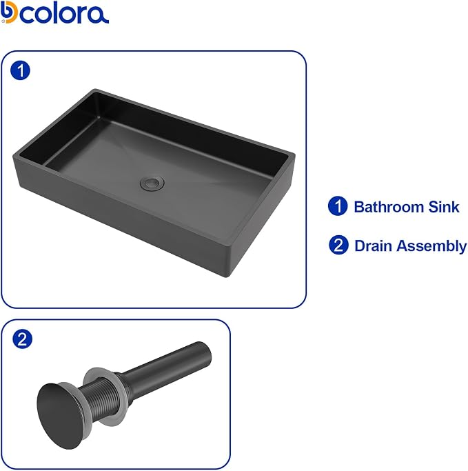 Dcolora 24 In. Black Drop In Bathroom Vessel Sink, 16 Gauge Stainless Steel, Rectangle Design with Drain Assembly, 14"D x 24"W x 4"H #DC-VS261205