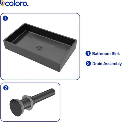 Dcolora 24 In. Black Drop In Bathroom Vessel Sink, 16 Gauge Stainless Steel, Rectangle Design with Drain Assembly, 14"D x 24"W x 4"H #DC-VS261205