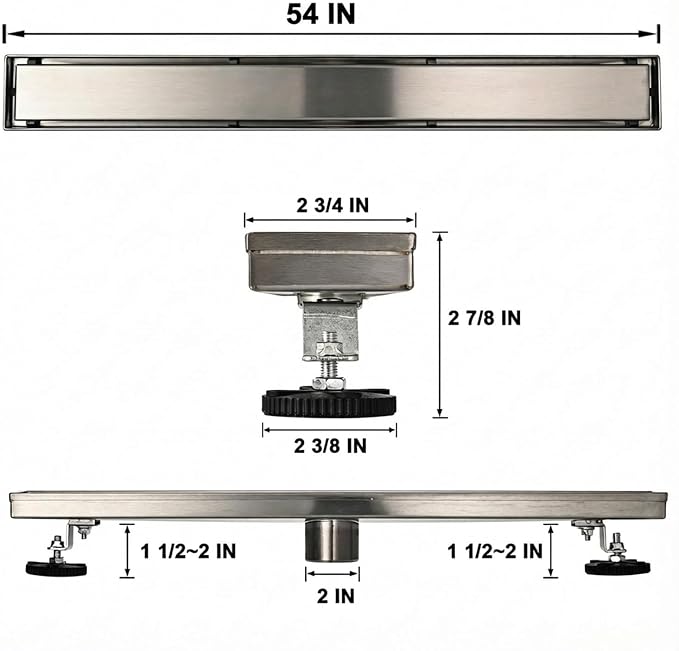Linear Shower Floor Drain, 54 Inch Brushed Nickel 304 Stainless Steel Bathroom Drains Kit, Rectangular Shower Trench Drain with Reversable Tile-in Pattern Drain Cover & Hair Catcher