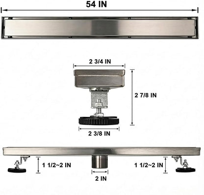 Linear Shower Floor Drain, 54 Inch Brushed Nickel 304 Stainless Steel Bathroom Drains Kit, Rectangular Shower Trench Drain with Reversable Tile-in Pattern Drain Cover & Hair Catcher