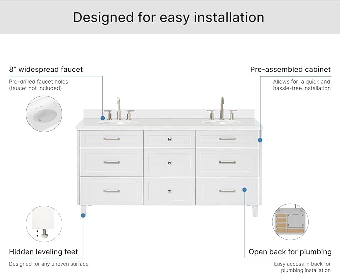 ARIEL Monroe 72-inch Bathroom Vanity with Sink,Solid Wood, 1.5-inch Pure White Quartz Countertop & Backsplash, Double Rectangular Porcelain Sink, 9 Dovetail Drawers, Brushed Nickel, White