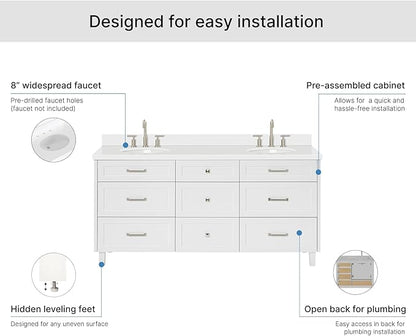 ARIEL Monroe 72-inch Bathroom Vanity with Sink,Solid Wood, 1.5-inch Pure White Quartz Countertop & Backsplash, Double Rectangular Porcelain Sink, 9 Dovetail Drawers, Brushed Nickel, White