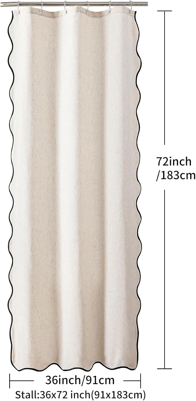 Linen Scallop Shower Curtain with 6 Clear Hooks, Waterproof, 36x72, Cream | Waterproof Heavy Duty Thick Fabric, Farmhouse Shower Curtains for Bathroom Shower Stall