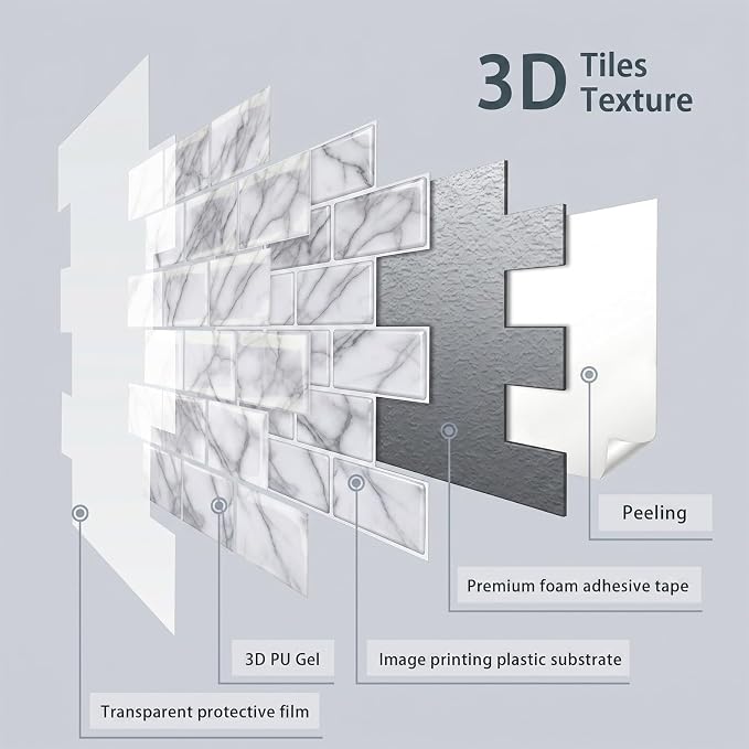 Arttown Peel and Stick 3D Wall Backsplash 10-Sheet, 12" × 12" Marble White | Subway Tile Self Adhesive Thicker Design Wall Tiles Panel Wallpaper for Kitchen Balcony Bathroom Rental Housing