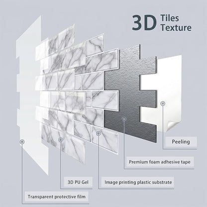 Arttown Peel and Stick 3D Wall Backsplash 10-Sheet, 12" × 12" Marble White | Subway Tile Self Adhesive Thicker Design Wall Tiles Panel Wallpaper for Kitchen Balcony Bathroom Rental Housing