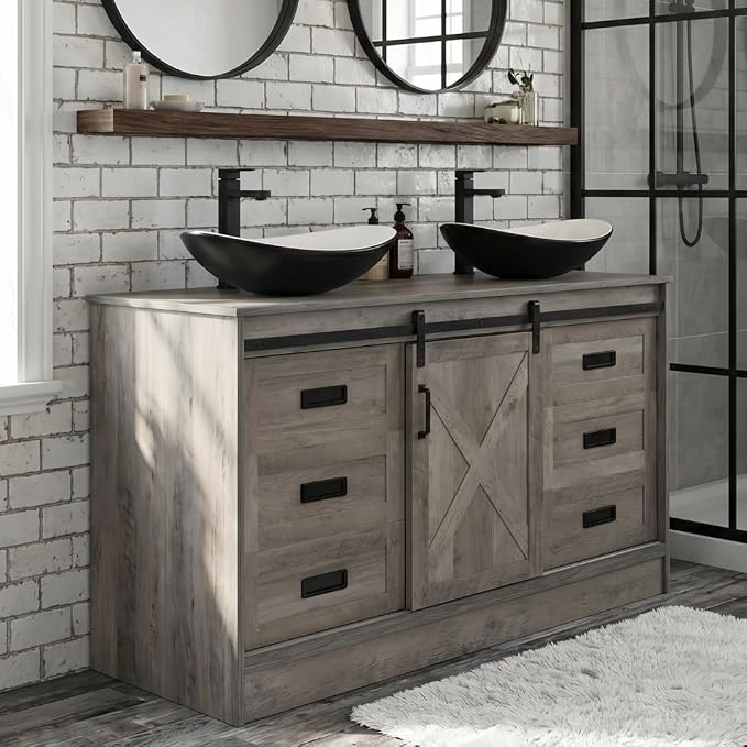 48 inch Barn Door Bathroom Vanity with 6 Drawers, Farmhouse Style Standing Pedestal Cabinet with Two Black and White Ceramic Boat Sink