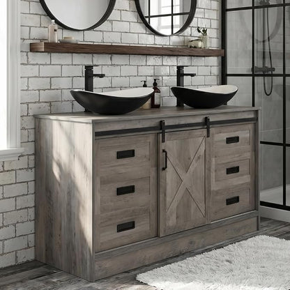 48 inch Barn Door Bathroom Vanity with 6 Drawers, Farmhouse Style Standing Pedestal Cabinet with Two Black and White Ceramic Boat Sink