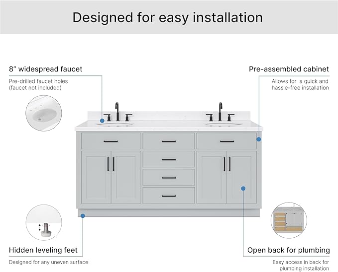 ARIEL Hepburn 72-inch Bathroom Vanity with Sink,Solid Wood, 1.5-inch Carrara White Quartz Countertop & Backsplash, Double Oval Porcelain Sink, 4 Soft Closing Doors, 6 Dovetail Drawers, Grey