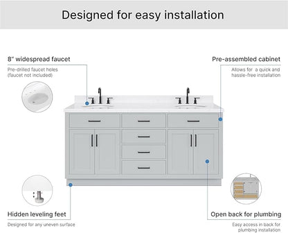 ARIEL Hepburn 72-inch Bathroom Vanity with Sink,Solid Wood, 1.5-inch Carrara White Quartz Countertop & Backsplash, Double Oval Porcelain Sink, 4 Soft Closing Doors, 6 Dovetail Drawers, Grey