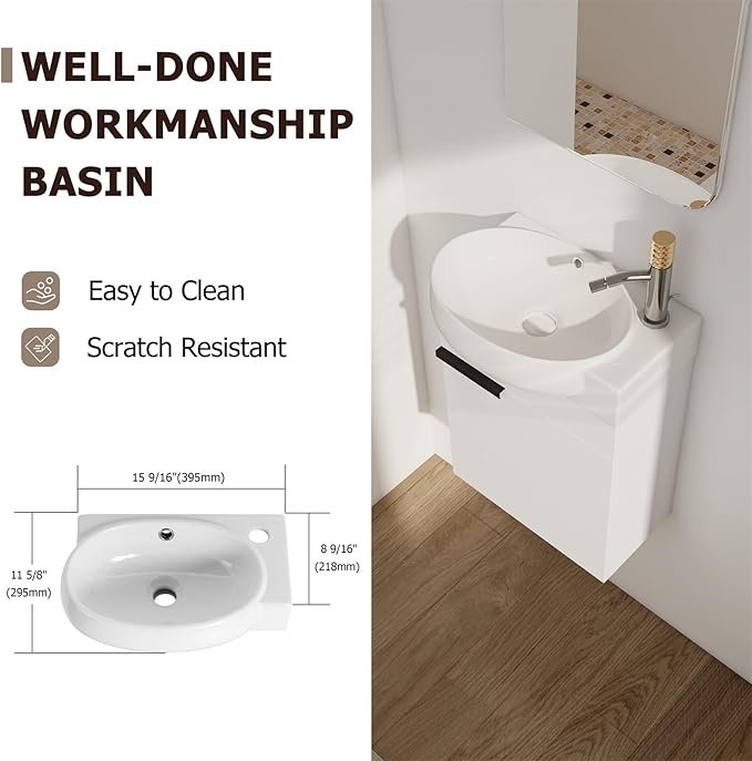 Henf 17 Inch Wall Mounted Bathroom Vanity Sink Combo for Small Space,Modern White Vanities Set with Ceramic Sink Top,Hanging Garage Vanity w/Sink, Floating Small Bathroom Cabinet Compact