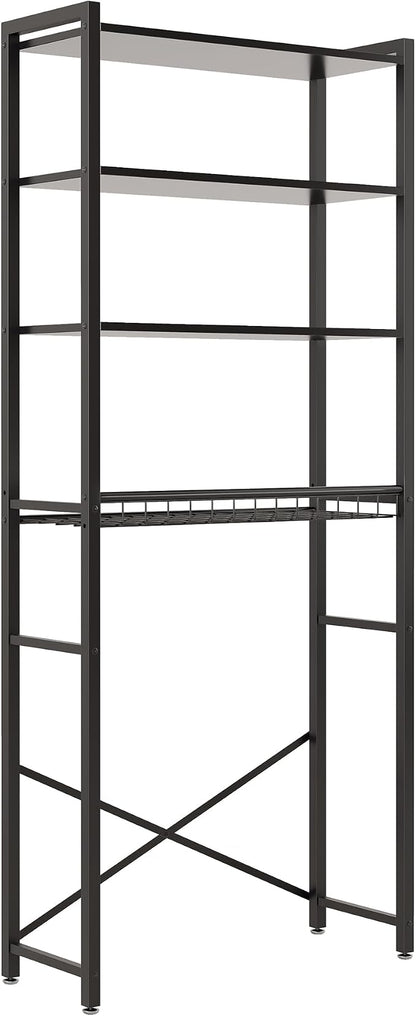4-Tier Over-the-Toilet Storage Rack with One-Piece Wooden Shelves & Open Net Basket, Bathroom Organizer with Adjustable Feet & Anti-Tip Kit, Space-Saving Toilet Shelf, Black, 24.4" x 9.4" x 69.3"