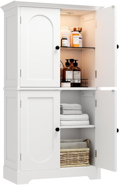 HAIOOU Bathroom Floor Cabinet with Motion Sensor Light, Modern Bathroom Storage Cabinet with Adjustable Glass Shelf, 4 Doors, Ample Storage for Hallway, Laundry Room, Living Room - White