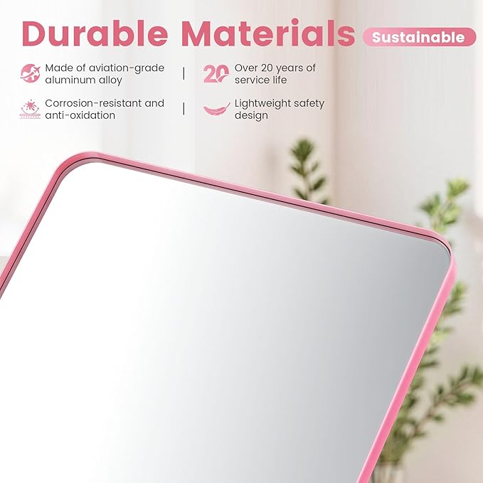 24" x 28" Pink Bathroom Mirror Wall Mounted, Matte Aluminum Alloy Frame with Rounded Corners, Shatterproof Tempered Glass, Anti-Rust HD Vanity Mirror for Bathroom, Bedroom, Entryway