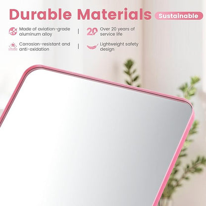 18 x 24 Inch Pink Bathroom Mirror Wall Mounted, Matte Aluminum Alloy Frame with Rounded Corners, Shatterproof Tempered Glass, Anti-Rust HD Vanity Mirror for Bathroom, Bedroom, Entryway