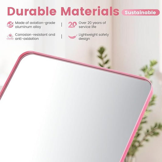 18 x 24 Inch Pink Bathroom Mirror Wall Mounted, Matte Aluminum Alloy Frame with Rounded Corners, Shatterproof Tempered Glass, Anti-Rust HD Vanity Mirror for Bathroom, Bedroom, Entryway