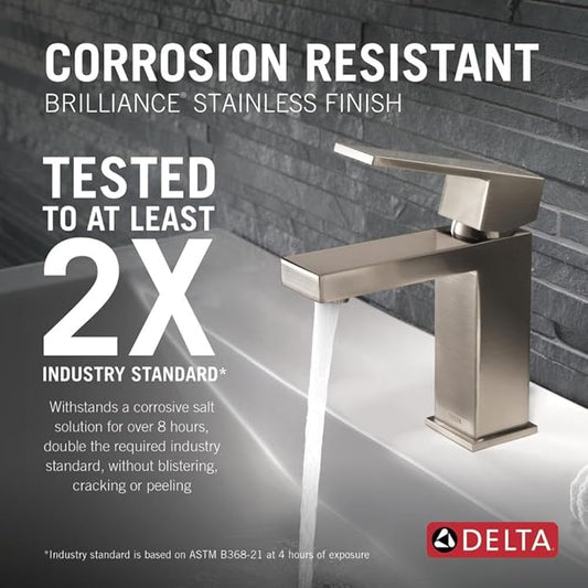Delta Ara Brushed Nickel Bathroom Faucet 1 Hole, Single Hole Bathroom Sink Faucet for Vanity, Metal Push-Pop Drain Assembly, Stainless 567LF-SSPP