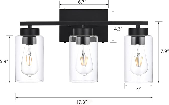 3-Light Bathroom Vanity Light, Modern Black Wall Lights with Clear Glass Shades, Bathroom Wall Sconce Lamp for Mirror Living Room Bedroom Hallway