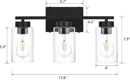 3-Light Bathroom Vanity Light, Modern Black Wall Lights with Clear Glass Shades, Bathroom Wall Sconce Lamp for Mirror Living Room Bedroom Hallway