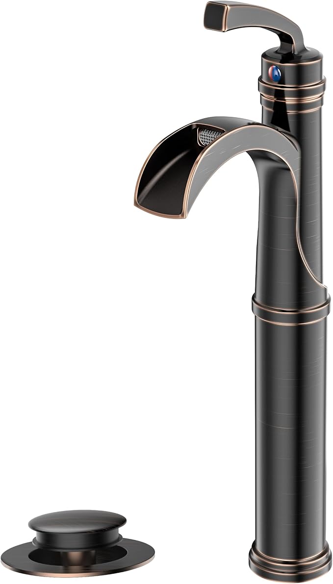 Forious Bathroom Faucets Oil Rubbed Bronze, Tall Waterfall Bathroom Faucet Single Handle One Hole Deck Mount Vessel Bathroom Sink Faucet Bowl with Metal Pop Up Drain and Supply Lines