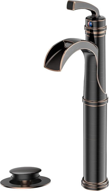 Forious Bathroom Faucets Oil Rubbed Bronze, Tall Waterfall Bathroom Faucet Single Handle One Hole Deck Mount Vessel Bathroom Sink Faucet Bowl with Metal Pop Up Drain and Supply Lines