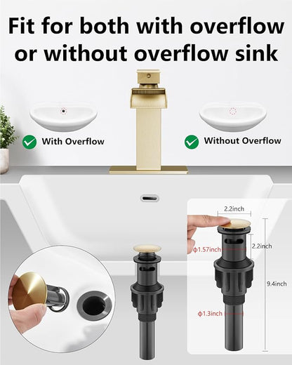 Waterfall Bathroom Faucet 1 Hole, Single Hole Bathroom Faucet, Single Handle Vanity Sink Faucet with Deck Plate, Pop-up Drain & Supply Lines, Brushed Gold