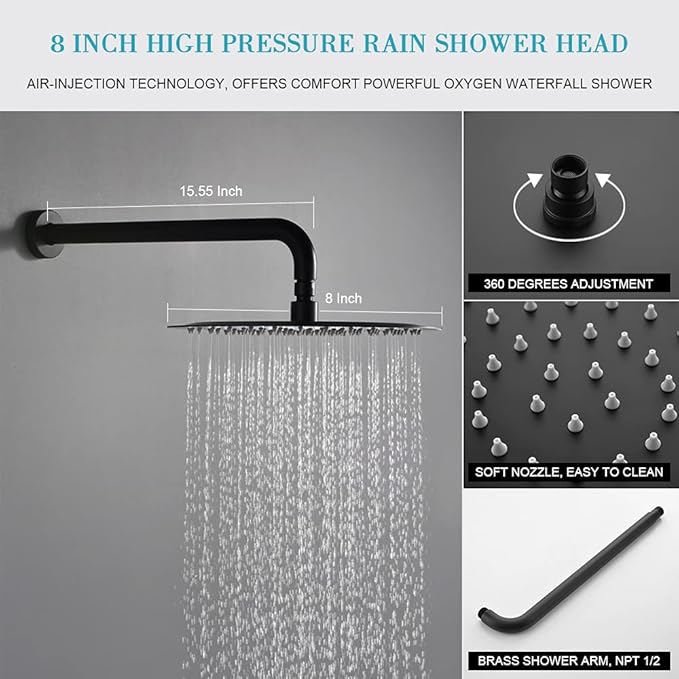 TIPOK Matte Black Shower System with 8 Inch Round Shower Head and Handheld, Rainfall Shower Faucets Sets Complete, Black Shower Head System Wall Mounted Matte Black Shower Set for Bathroom