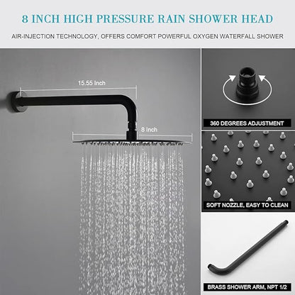 TIPOK Matte Black Shower System with 8 Inch Round Shower Head and Handheld, Rainfall Shower Faucets Sets Complete, Black Shower Head System Wall Mounted Matte Black Shower Set for Bathroom