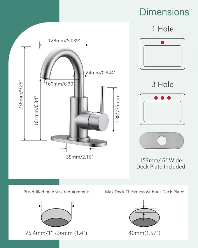 RKF Single-Handle Swivel Spout Bathroom Sink Faucet with Pop-up Drain with Overflow and Supply Hose,Bar Sink Faucet,Small Kitchen Faucet Tap,Brushed Nickel,BF3501P-BN