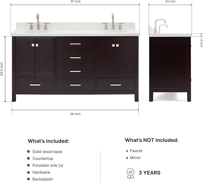 ARIEL Cambridge 66-inch Bathroom Vanity with Sink,Solid Wood, 1.5-inch Pure White Quartz Countertop & Backsplash, Double Oval Porcelain Sink, 4 Soft Closing Doors, 6 Dovetail Drawers, Espresso