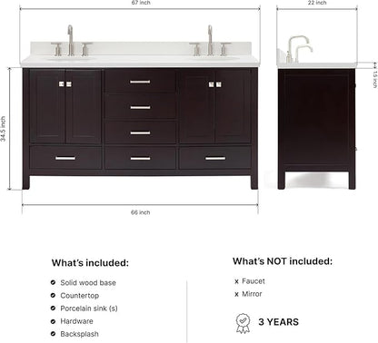 ARIEL Cambridge 66-inch Bathroom Vanity with Sink,Solid Wood, 1.5-inch Pure White Quartz Countertop & Backsplash, Double Oval Porcelain Sink, 4 Soft Closing Doors, 6 Dovetail Drawers, Espresso